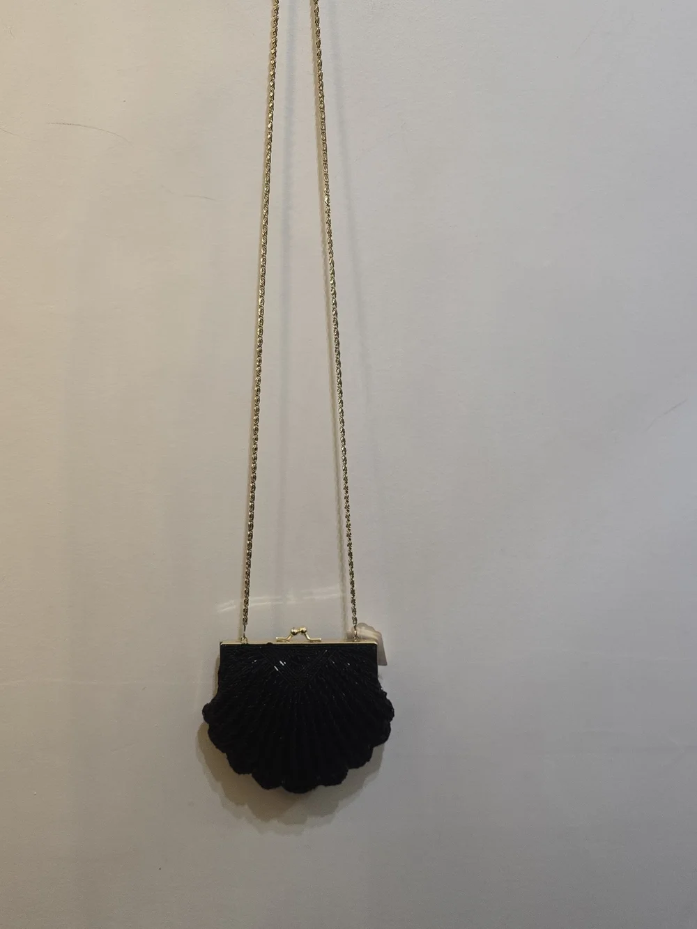 La Regale Black Beaded Shell Clutch with Gold Chain